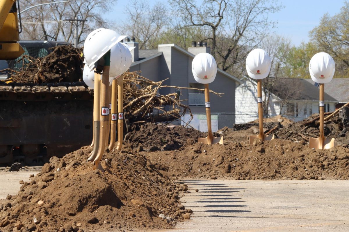 Shovels and hard hats wait for the groundbreaking to start at the Aquatic Center groundbreaking, April 24, 2024. 