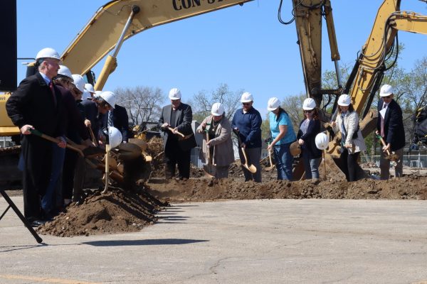 Donors of the new aquatic center in Ames, Iowa, begin the groundbreaking  at the Aquatic Center groundbreaking, April 24, 2024. 