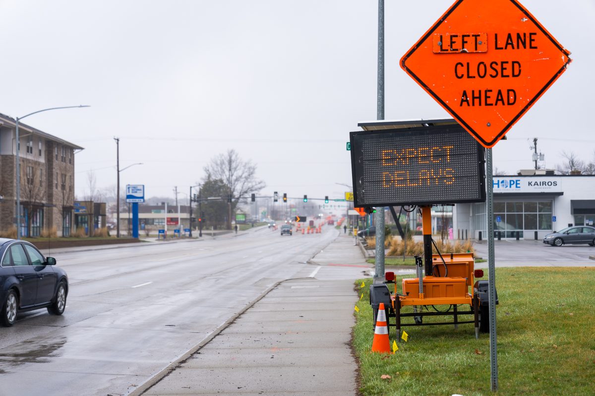 Road work sign located on Lincoln Way and North Franklin Avenue on April 1, 2024.