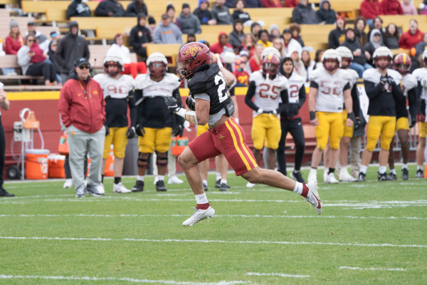 Dylan Lee rushes for a touchdown during the Spring Game at Jack Trice Stadium on April 20, 2024.