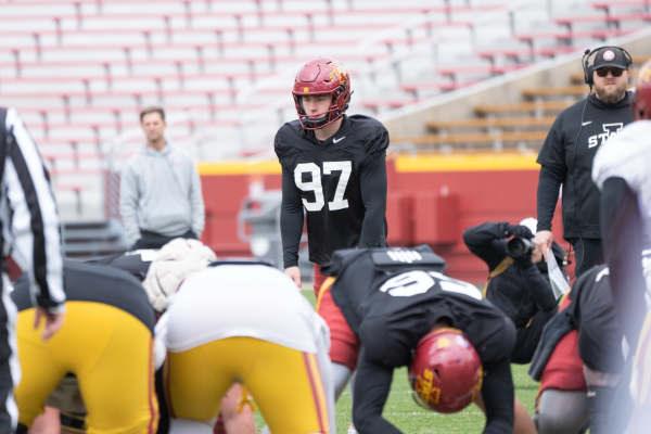 Kyle Konrardy readies a field goal during the Spring Game at Jack Trice Stadium on April 20, 2024.