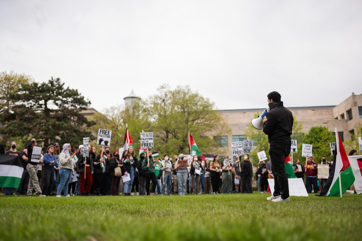 Student speaker at the ISU Students for Gaza demonstration in front of Parks Library, May 1, 2024. 
