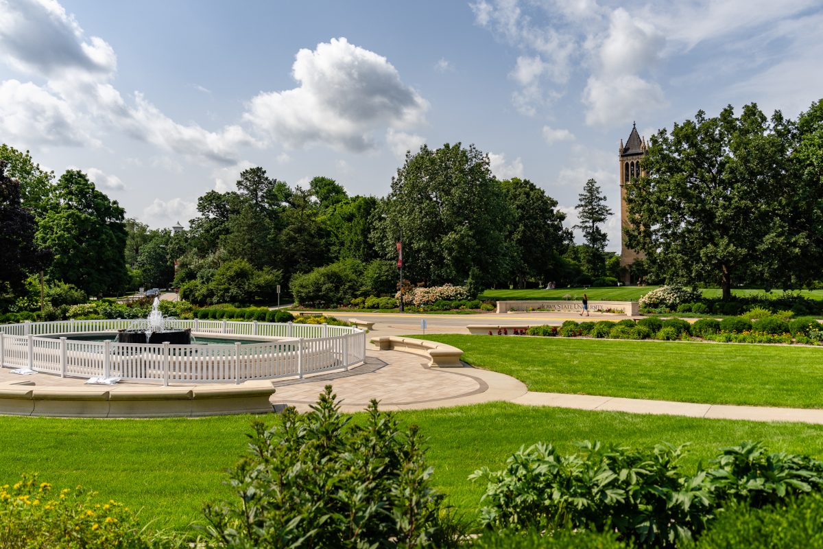 Out front of the Memorial Union showing the central campus water fountain and Campanile, July 10, 2024.