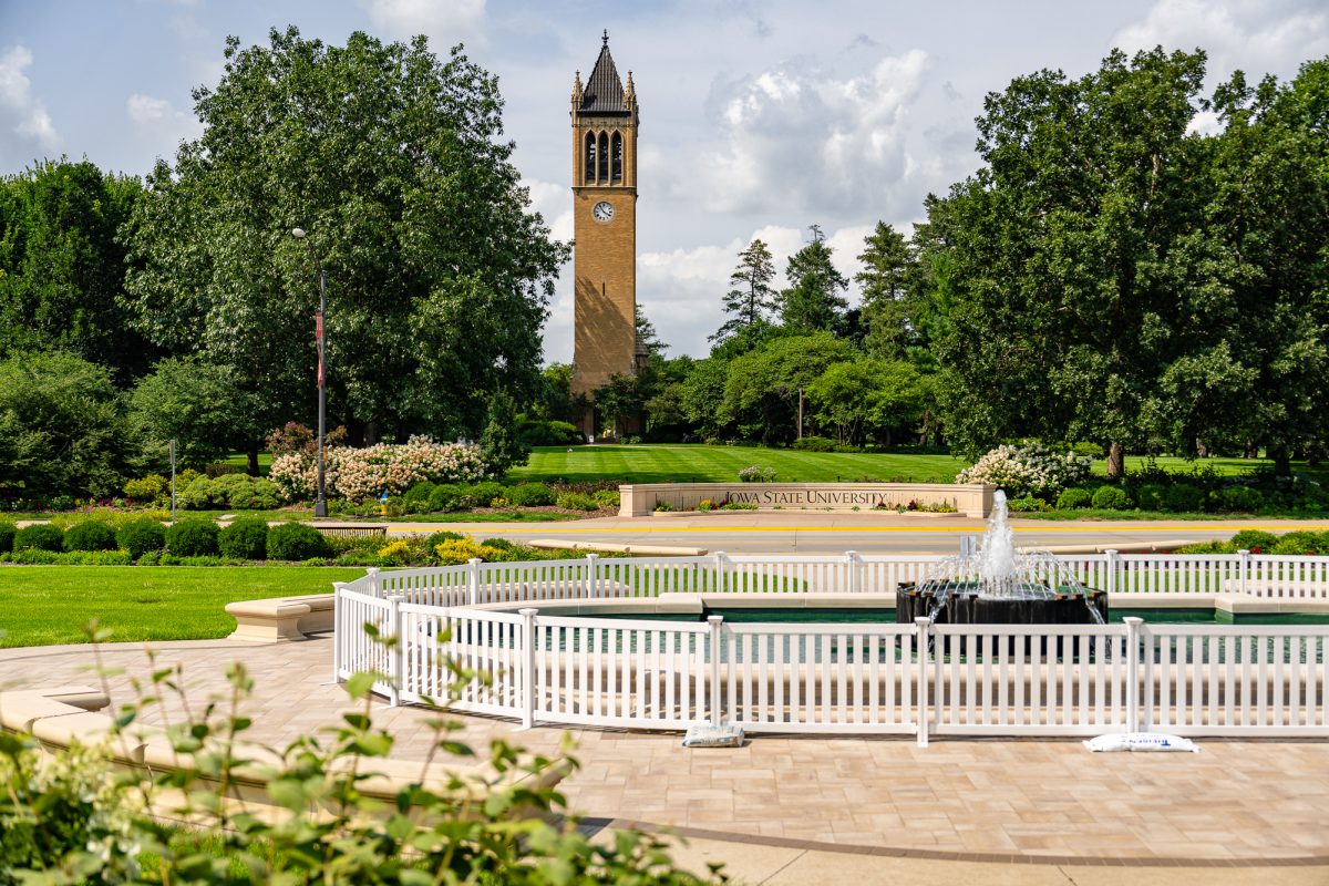 Out front of the Memorial Union showing the central campus water fountain and Campanile, July 10, 2024.