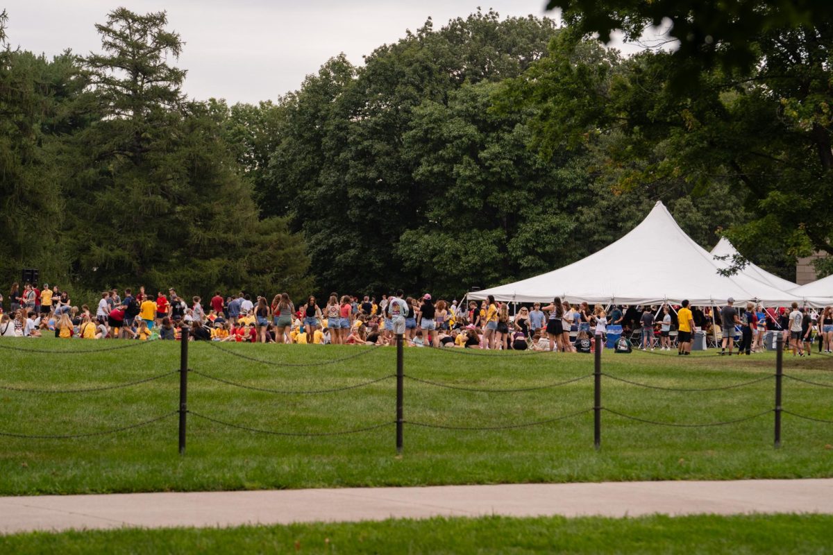 ISU students gather on central campus during Cyclone Welcome Weekend, Aug. 24, 2024, in Ames, Iowa. 