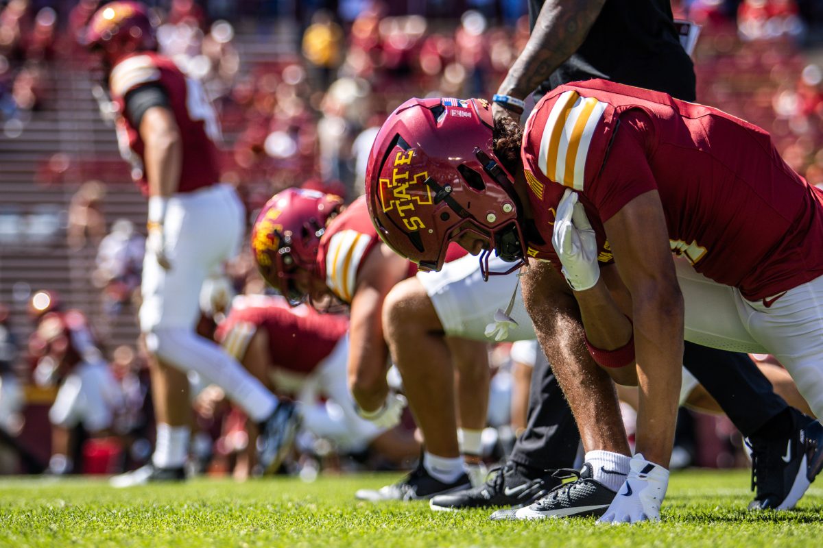 The Iowa State football team stretches before the Iowa State vs. North Dakota football game at Jack Trice Stadium on Aug. 31, 2024.