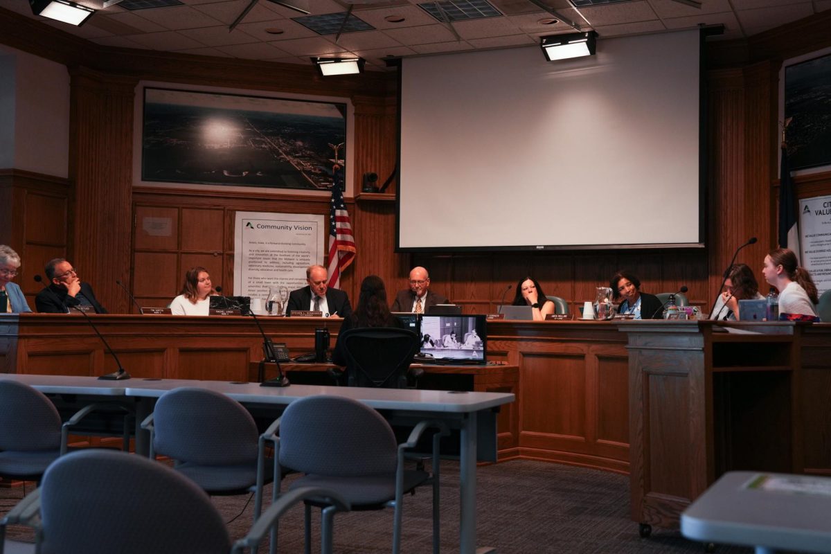 Ames City Councol members gather at the Aug. 27 Ames City Council meeting in Ames City Hall. 