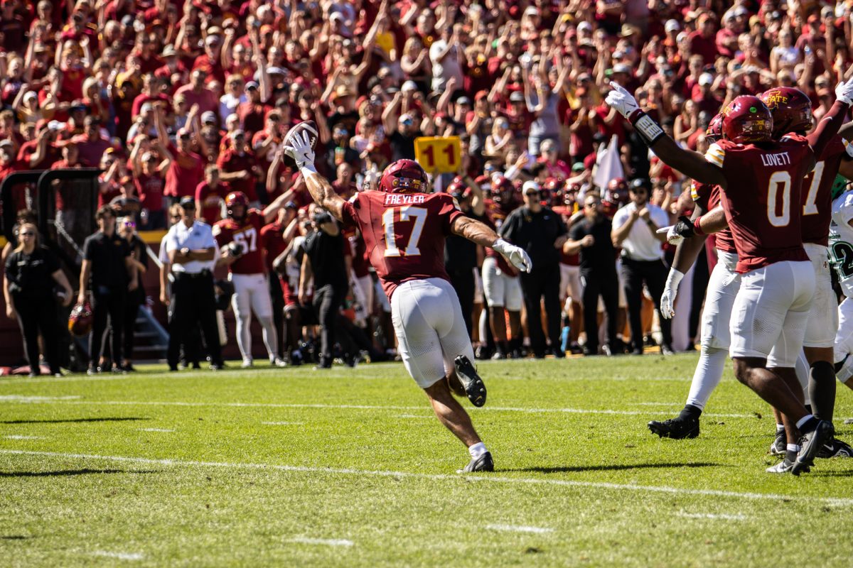 Beau Freyler celebrates after making a big play during the Iowa State vs. North Dakota football game at Jack Trice Stadium on Aug. 31, 2024.