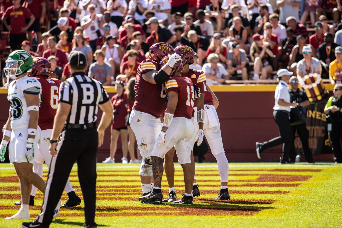 Jaylin Noel and his teammates celebrate after scoring a touchdown during the Iowa State vs. North Dakota football game at Jack Trice Stadium on Aug. 31, 2024.