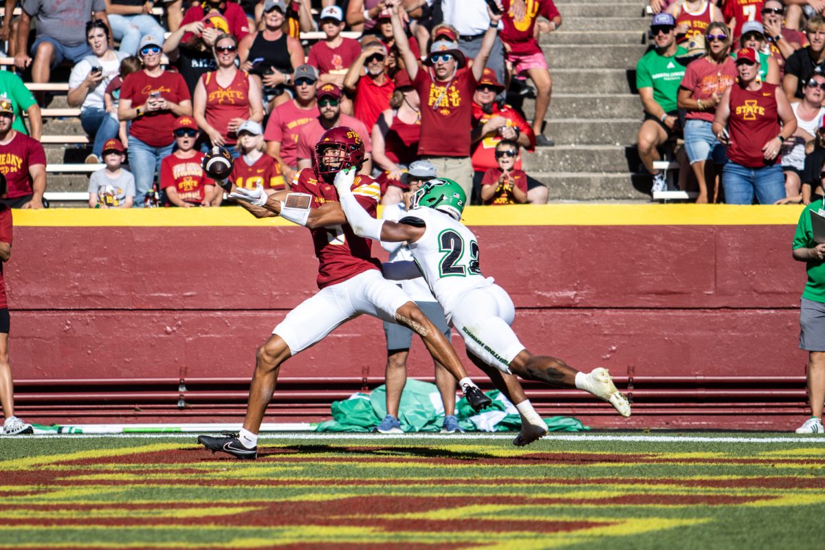 Jayden Higgins catches the ball in the end zone during the Iowa State vs. North Dakota football game at Jack Trice Stadium on Aug. 31, 2024.