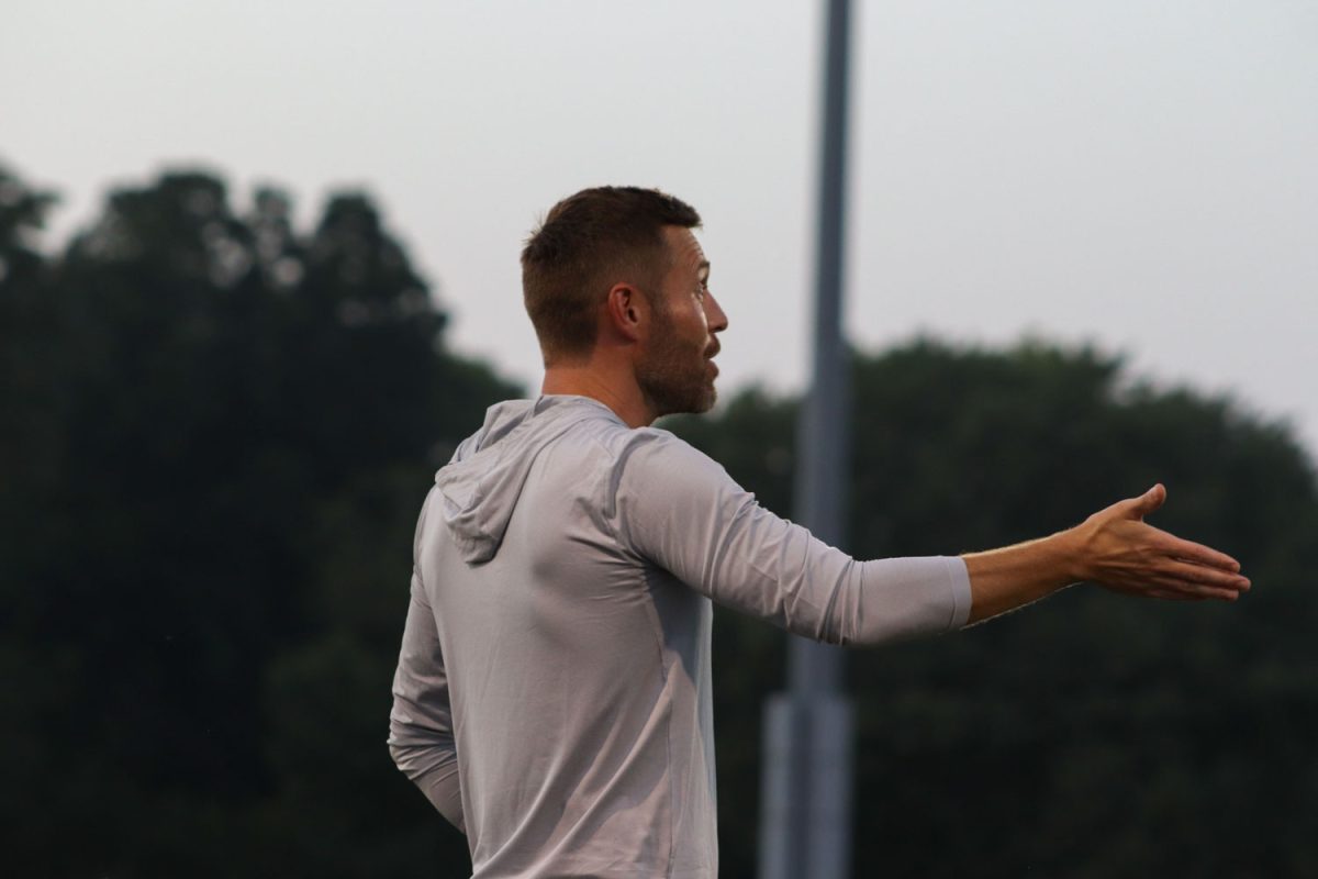 Head Coach Matt Fannon communicates with his players at the Iowa State vs. University of Northern Iowa match, Cyclones Sports Complex, Aug. 25, 2024. 