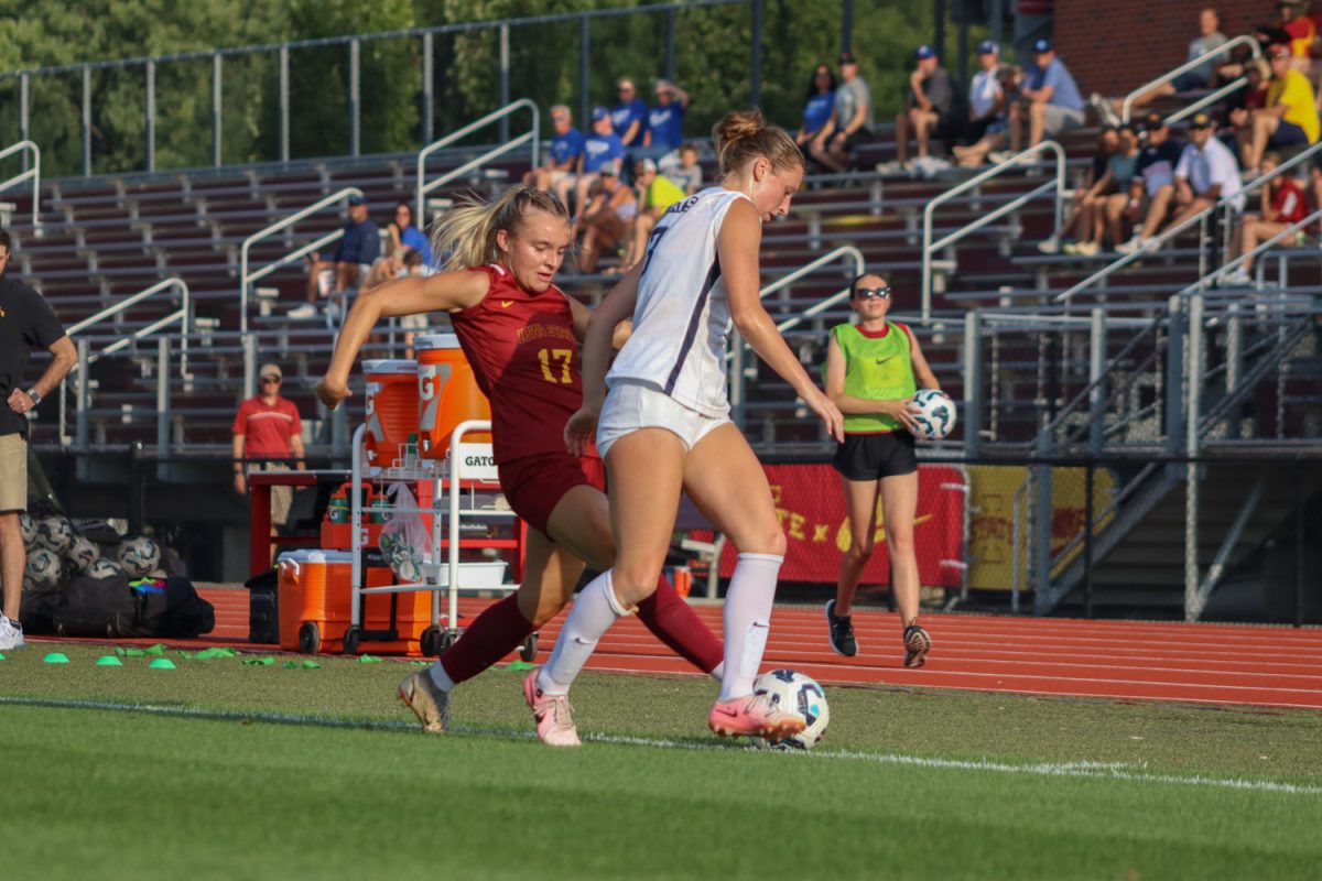 Hanna Shaw fights to gain possession of the ball during the Iowa State vs. Creighton Match, Cyclone Sports Complex, Aug. 18, 2024.