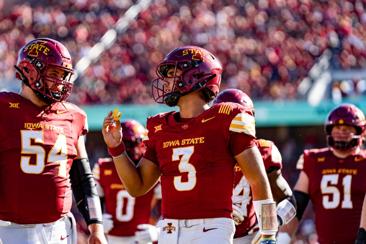 Rocco Becht (3) holds his mouth piece during the second half of the Iowa State vs. North Dakota home game on Aug. 31, 2024.