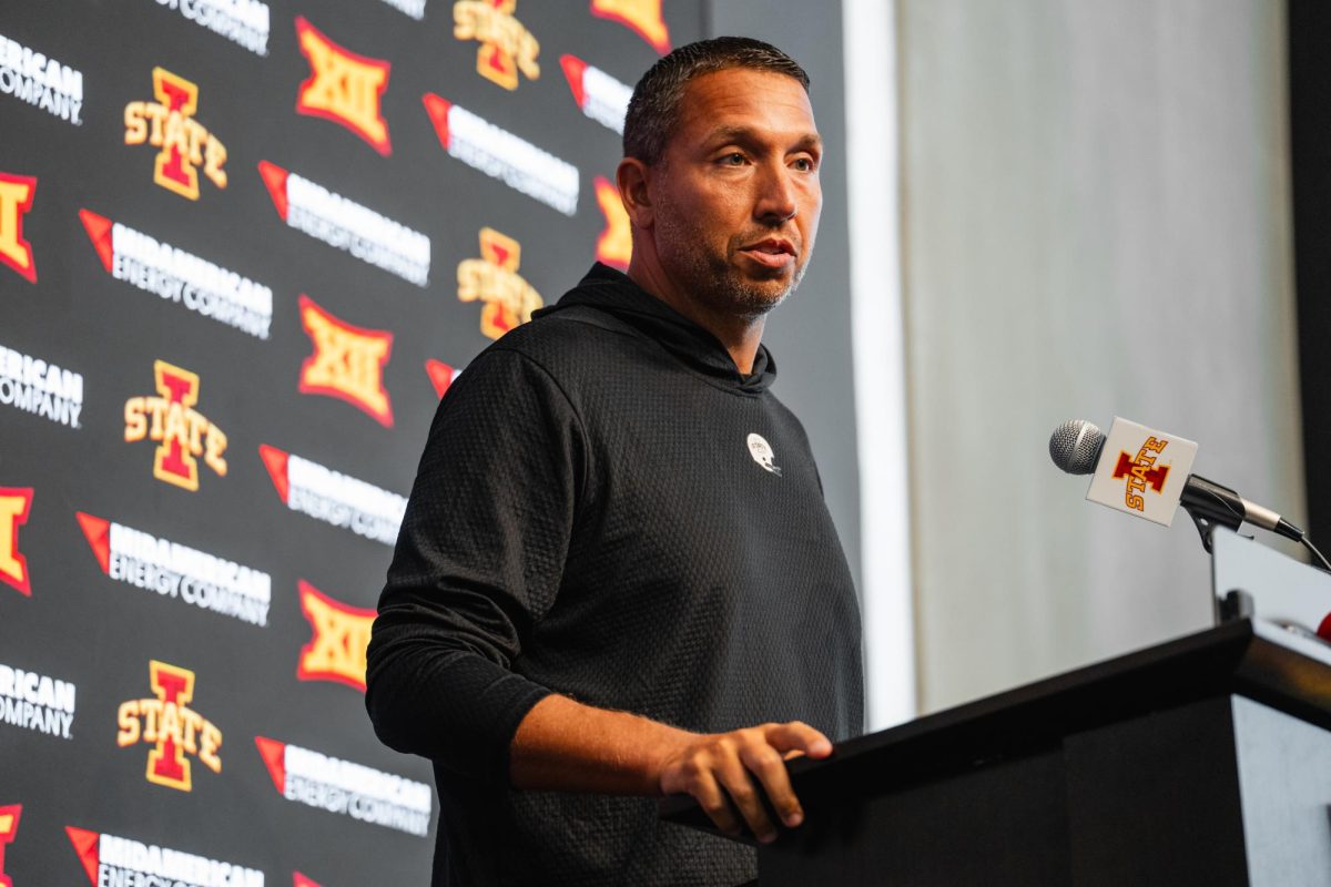 Head Coach Matt Campbell speaks to the media at the 2024 to 2025 Iowa State football media day at Jack Trice Stadium, on Aug. 2, 2024.