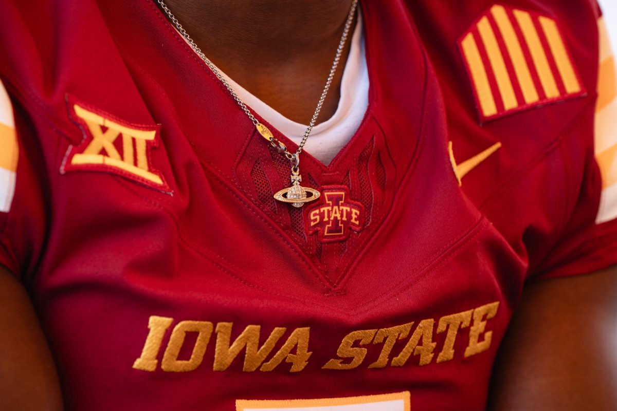 Jontez Williams wears a Saturn necklace while attending the Iowa State football media day at Jack Trice Stadium, on Aug. 2, 2024.