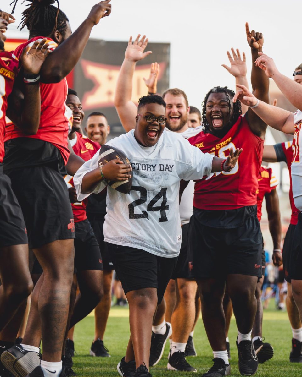 Iowa State football players celebrate a touchdown run during Victory Day at Jack Trice Stadium on Aug. 23, 2024.