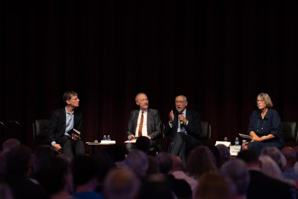 Panelists Ed Mezvinsky, Jonathan R. Yarowsky, Jeff Ubois and moderator Kathie Obradovich during the Watergate lecture series, Great Hall Memorial Union, Sept. 5, 2024.