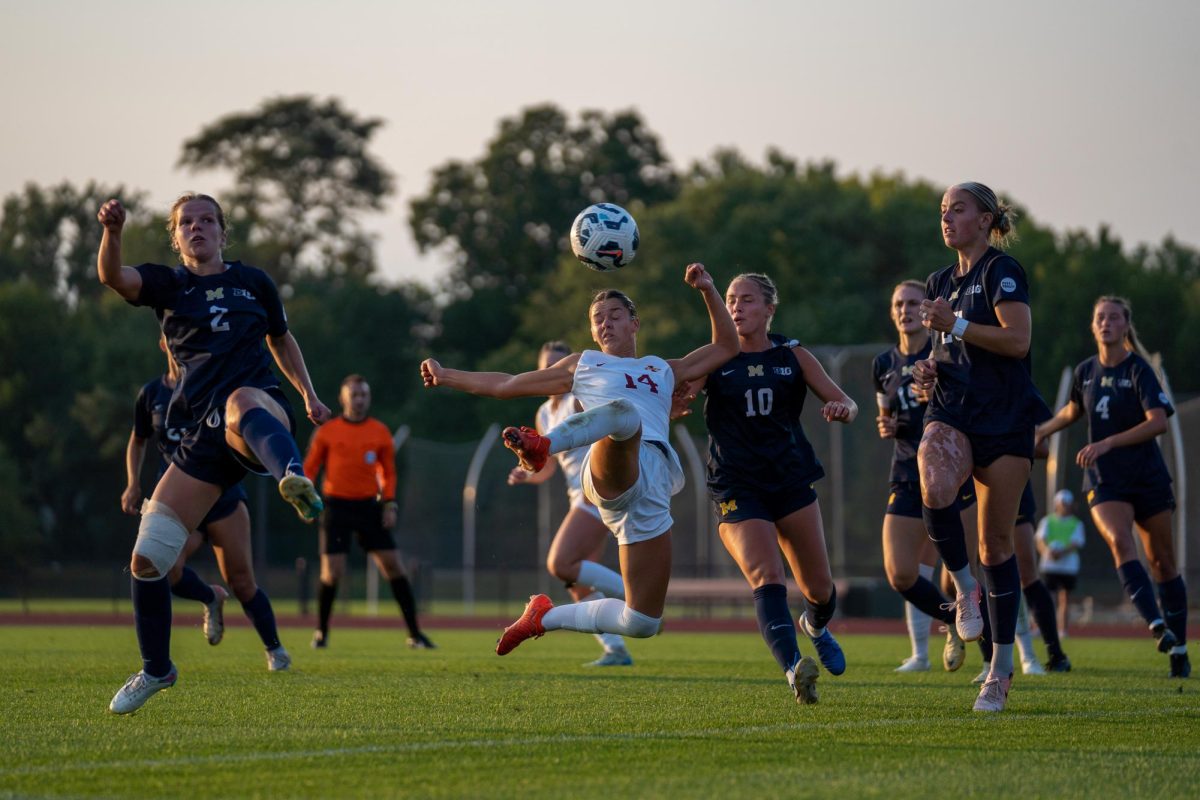 Lauren Hernandez (14) shoots the ball during the Iowa State vs. Michigan match, Cyclone Sports Complex, Sept. 5, 2024.