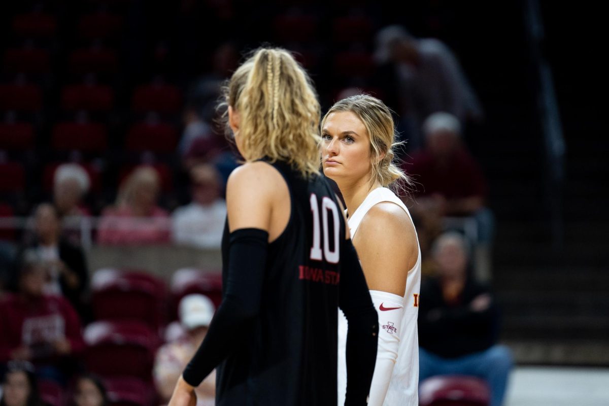 Faith DeRonde (19) looks at Rachel Van Gorp (10) before play during the Iowa State vs. Illinois match, Hilton Coliseum, Sept. 7, 2024.