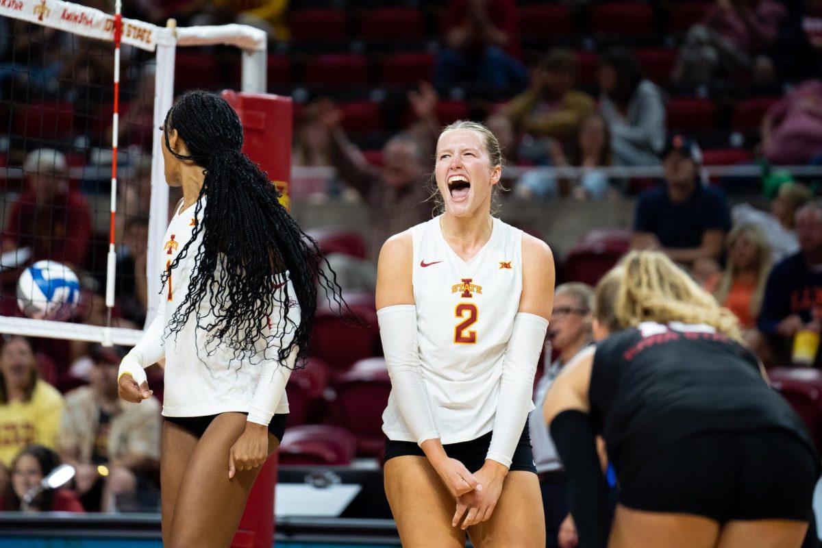 Morgan Brandt (2) screams after scoring during the Iowa State vs. Illinois match, Hilton Coliseum, Sept. 7, 2024.