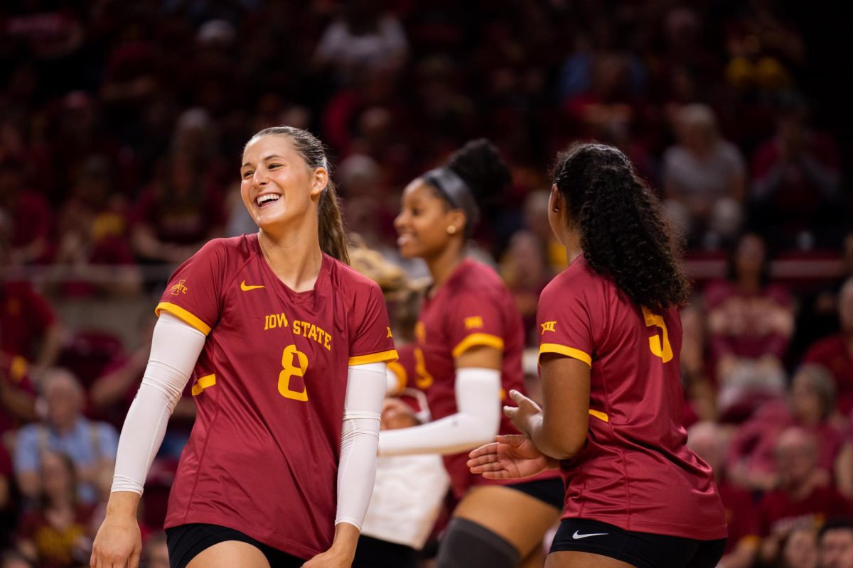 Brooke Stonestreet joking around with her team during the Iowa State vs. Iowa match, Hilton Coliseum, Sept. 11, 2024.