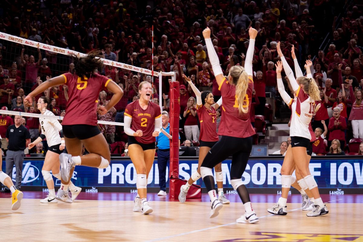 Iowa State celebrates after beating Iowa in the Iowa State vs. Iowa match, Hilton Coliseum, Sept. 11, 2024.