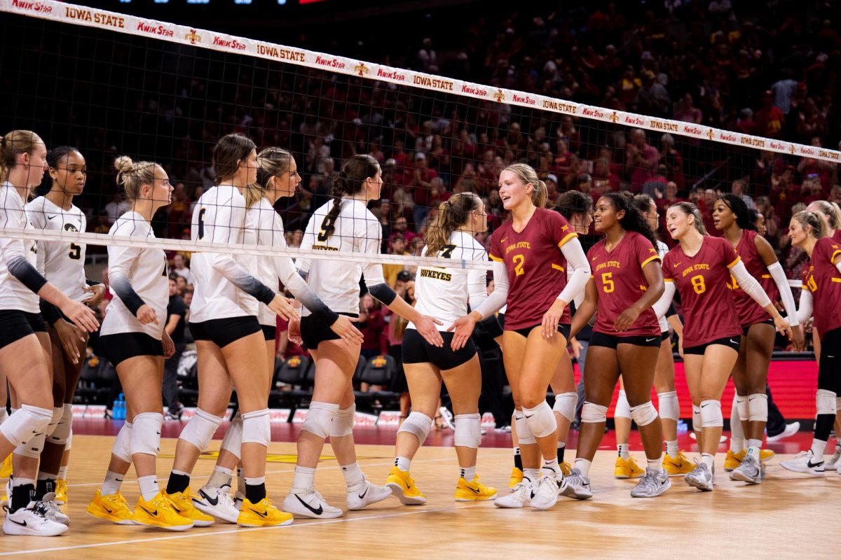 Iowa State and Iowa after the Iowa State vs. Iowa match, Hilton Coliseum, Sept. 11, 2024.