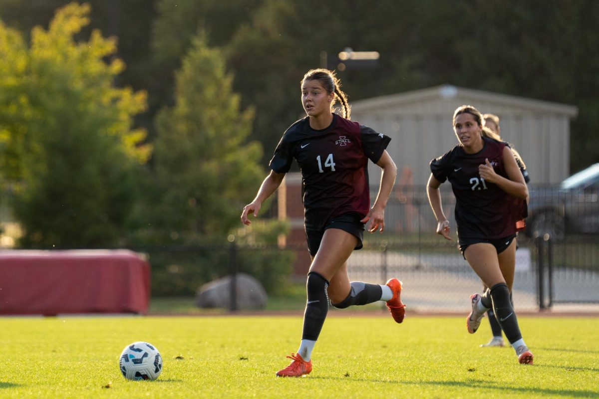 Lauren Hernandez (14) looking for an open pass during the Iowa State vs. UCF match, Cyclone Sports Complex, Sept. 19, 2024.