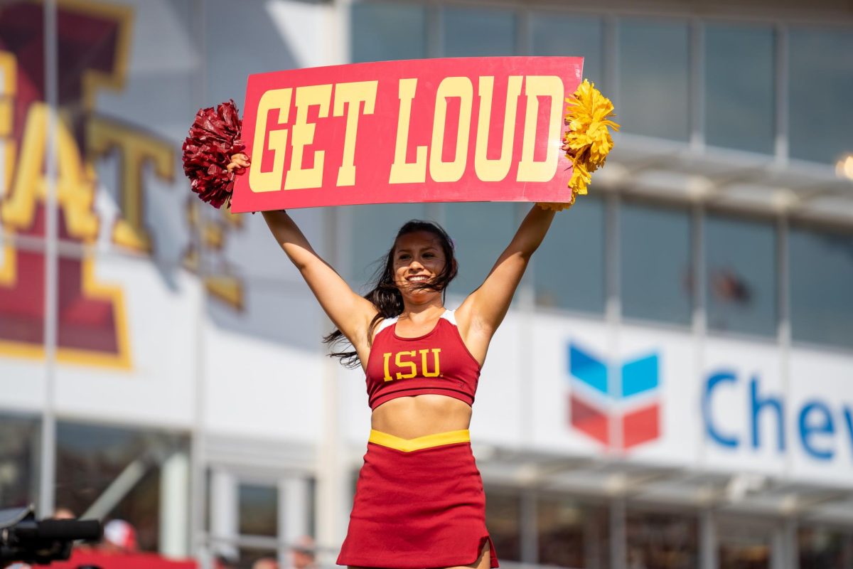 Iowa State cheerleader getting the crowd loud during the Iowa State vs. Arkansas State match, Jack Trice Stadium, Sept. 21, 2024.