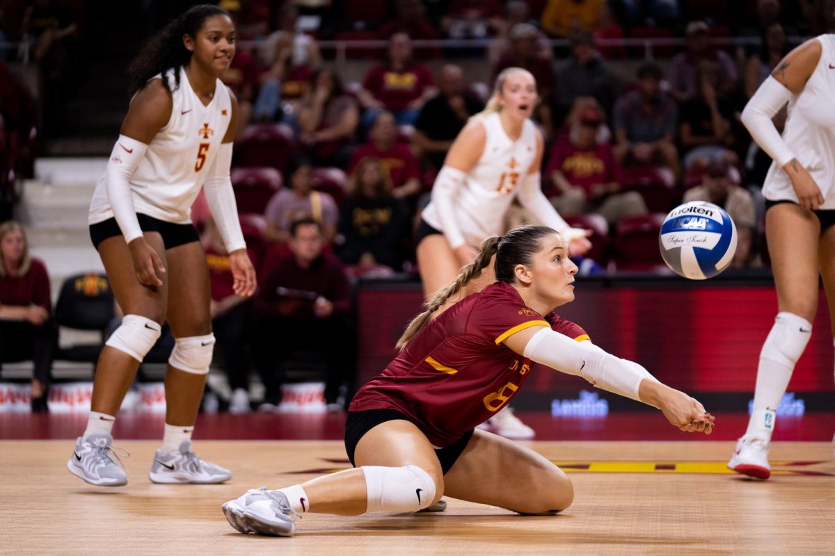 Brooke Stonestreet saving the ball from hitting the ground during the Iowa State vs West Virginia match, Hilton Coliseum, Sept. 28, 2024.