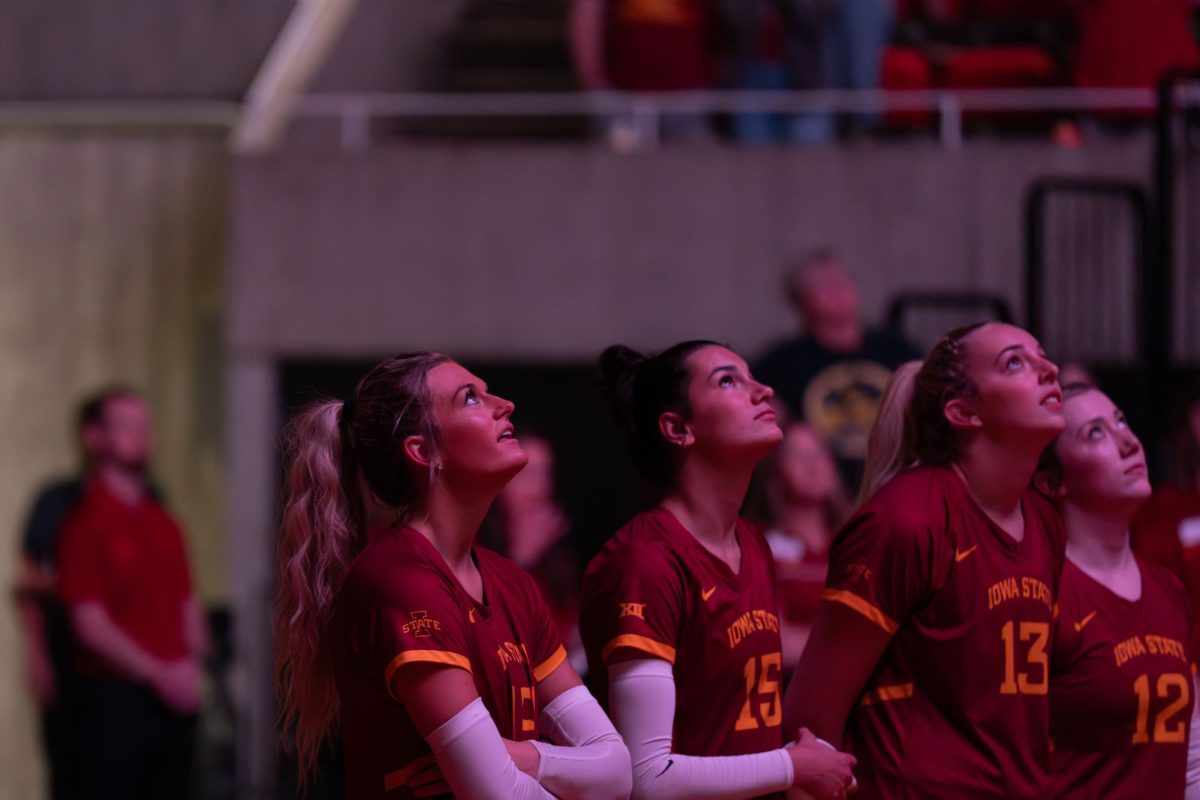 Iowa State watches the new Volleyball pregame promo videos before the Iowa Corn Cy-Hawk series volleyball meet against the University of Iowa begins, Hilton Coliseum, Sept. 11, 2024.