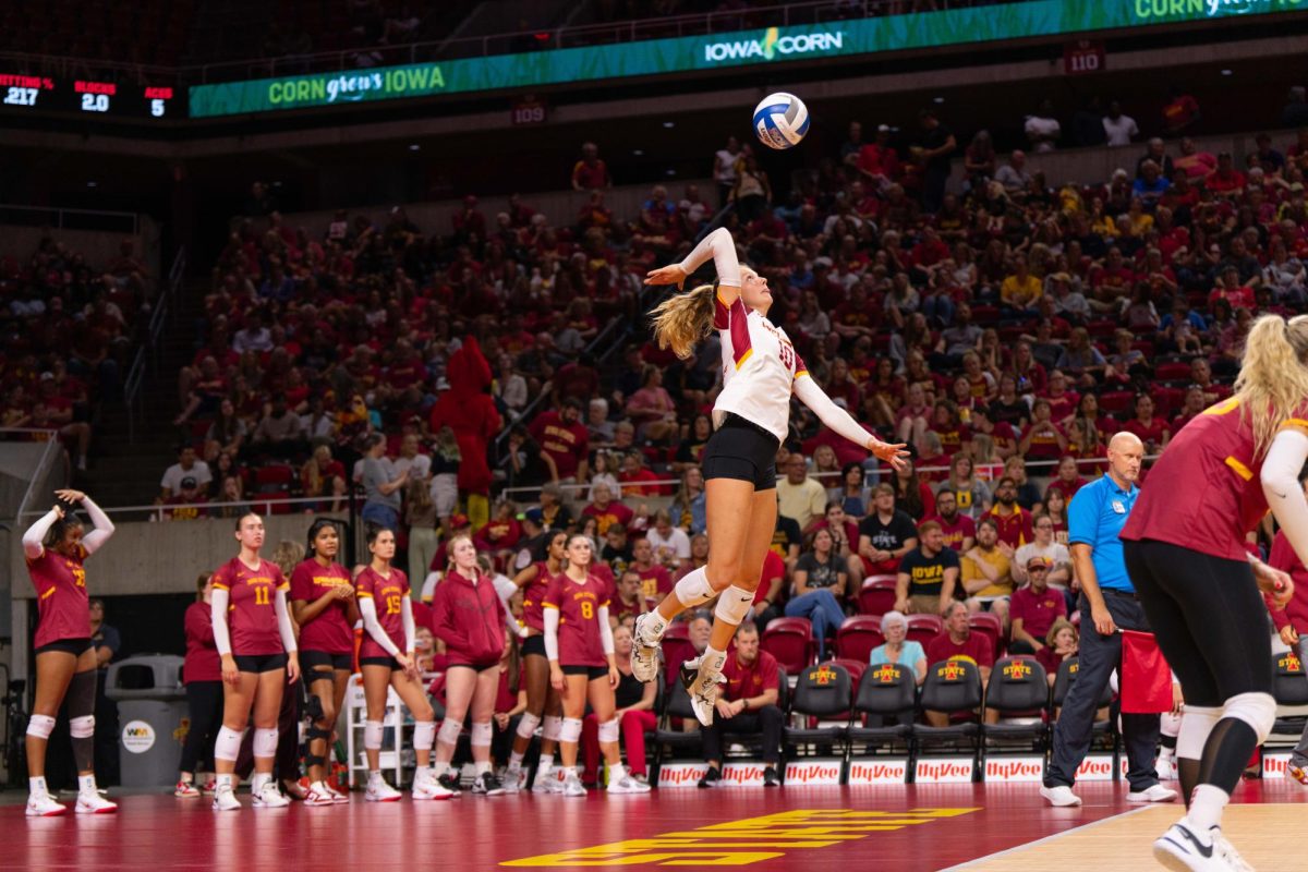 Rachel Van Gorp serves the ball during the Iowa Corn Cy-Hawk series volleyball meet against the University of Iowa, Hilton Coliseum, Sept. 11, 2024.