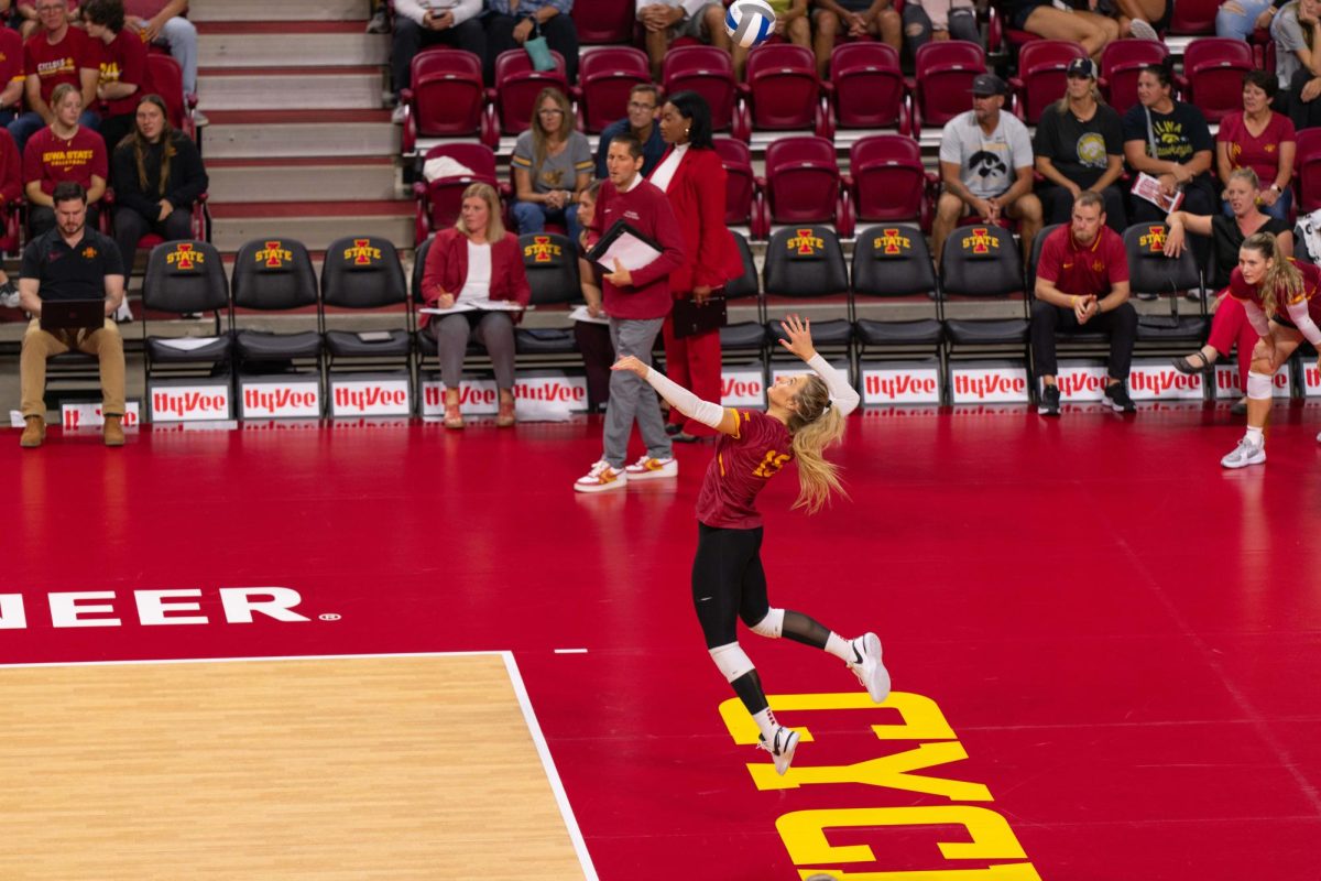 Iowa State serves the ball during the Iowa Corn Cy-Hawk series volleyball meet against the University of Iowa, Hilton Coliseum, Sept. 11, 2024.