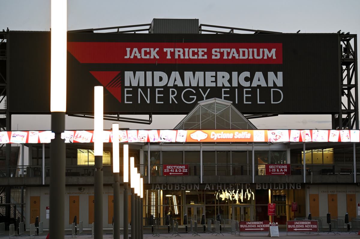 Gate one at Jack Trice Stadium with Midamerican Energy Field sign and Cyclone Selfie ribbon board, Sept. 18, 2024.