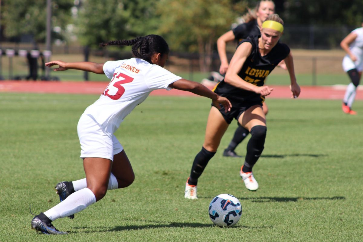 Nicolasa Jacobs (13) takes the ball up the right sideline at the Iowa State vs. University of Iowa soccer match on Sep. 15, 2024 at the Cyclones Sports Complex.  