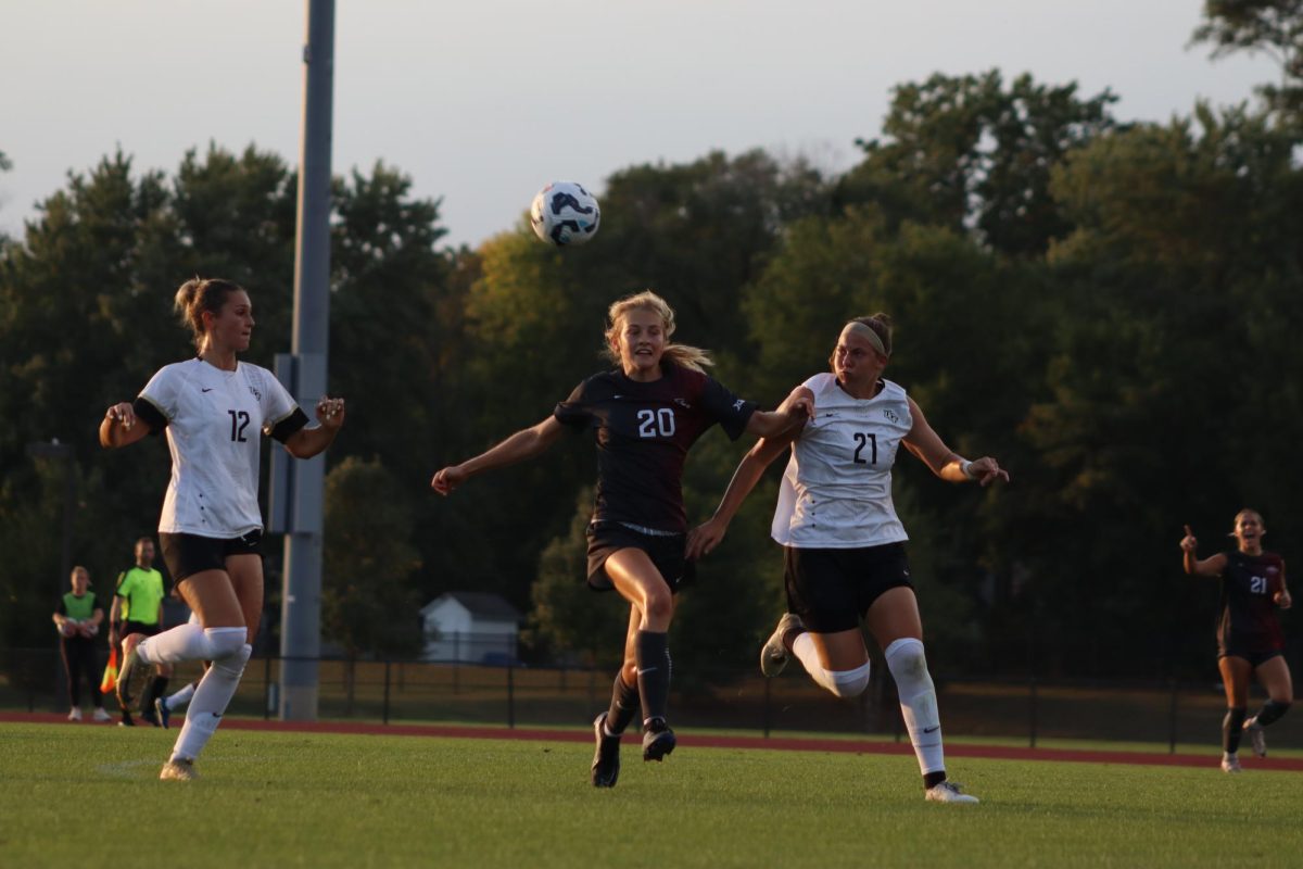 Regan John (20) races against UFC players for possession of the ball at the Iowa State vs. University of Central Florida match, Cyclone Sports Complex, Sep. 19, 2024.