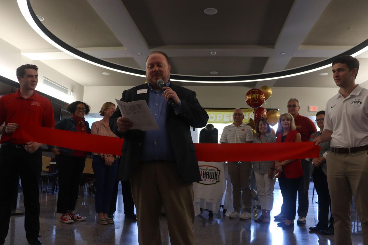 Memorial Union director, Chad Garland gives his speak before the ribbon cutting of the new Memorial Union main lounge, Memorial Union, Sep. 20, 2024. 