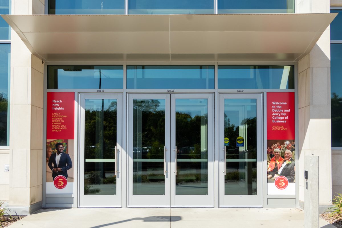 The east entrance of the Gerdin Business Building, Sept. 15, 2024, Ames, Iowa.