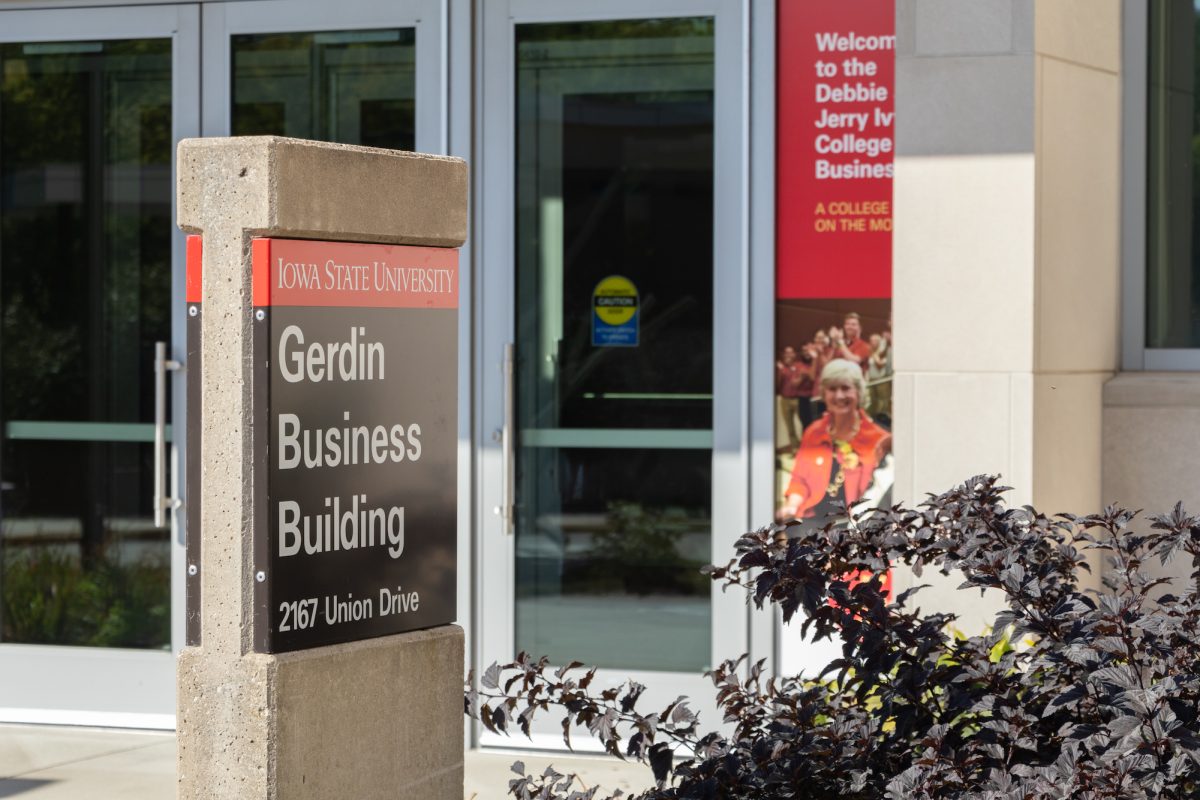 Exterior sign of the Gerdin Business Building, Sept. 15, 2024, Ames, Iowa.