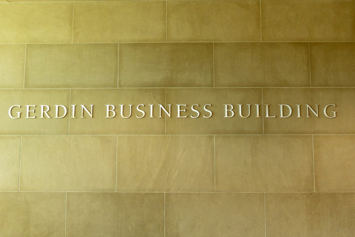 A sign inside the east entrance of the Gerdin Business Building, Sept. 15, 2024, Ames, Iowa.