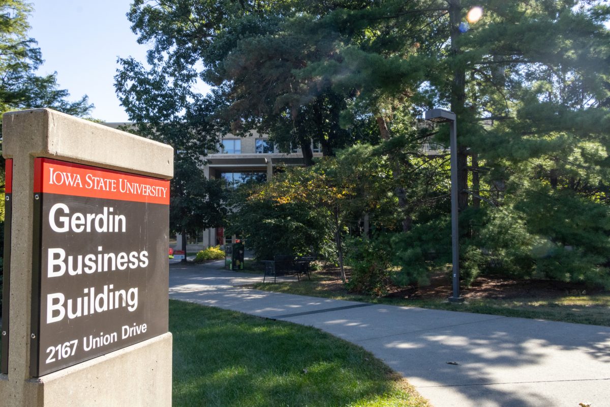 Exterior sign of the Gerdin Business Building, Sept. 15, 2024, Ames, Iowa.