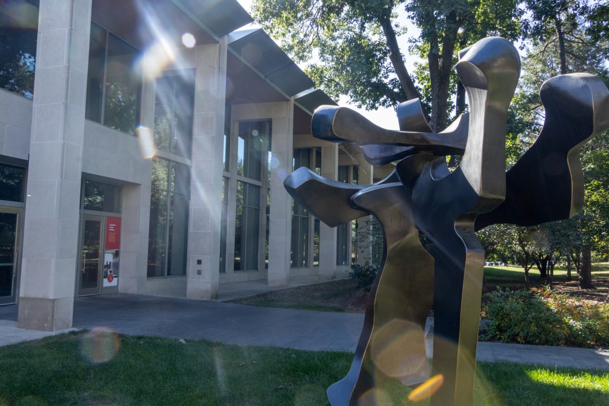 "Bravo III" a statue, sitting outside the Gerdin Business Building, Sept. 15, 2024, Ames, Iowa.