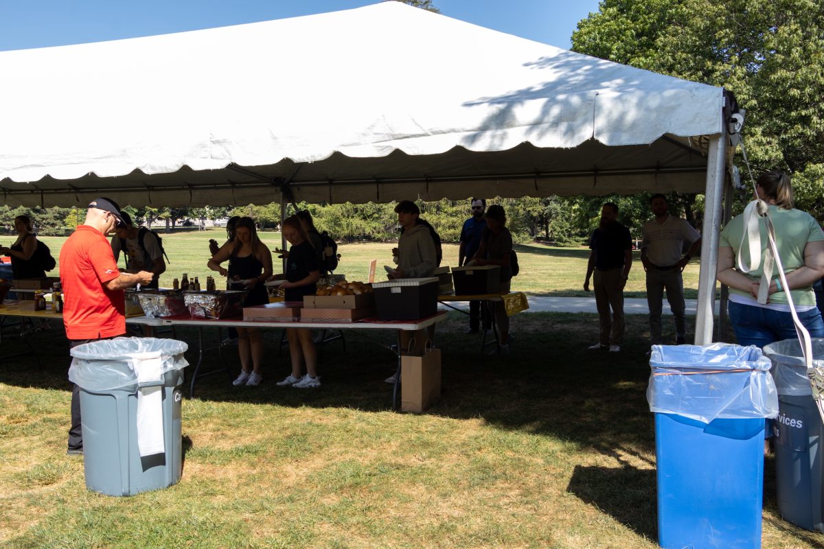 Students gather in central campus for a free lunch and to talk to Collins Aerospace, Ames, Iowa, Sept. 16, 2024.