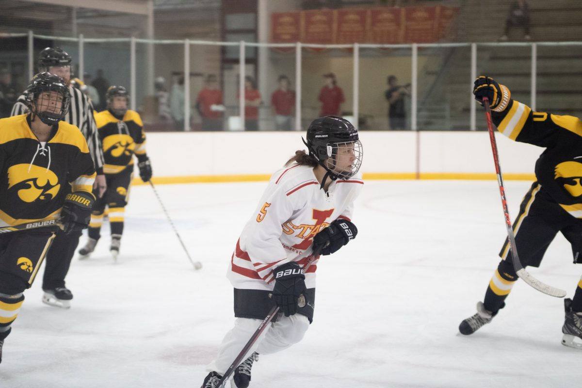 Iowa State's women's hockey club player number 5 versus the University of Iowa women's hockey club at the ISU Ice Arena, Sept. 27, 2024.