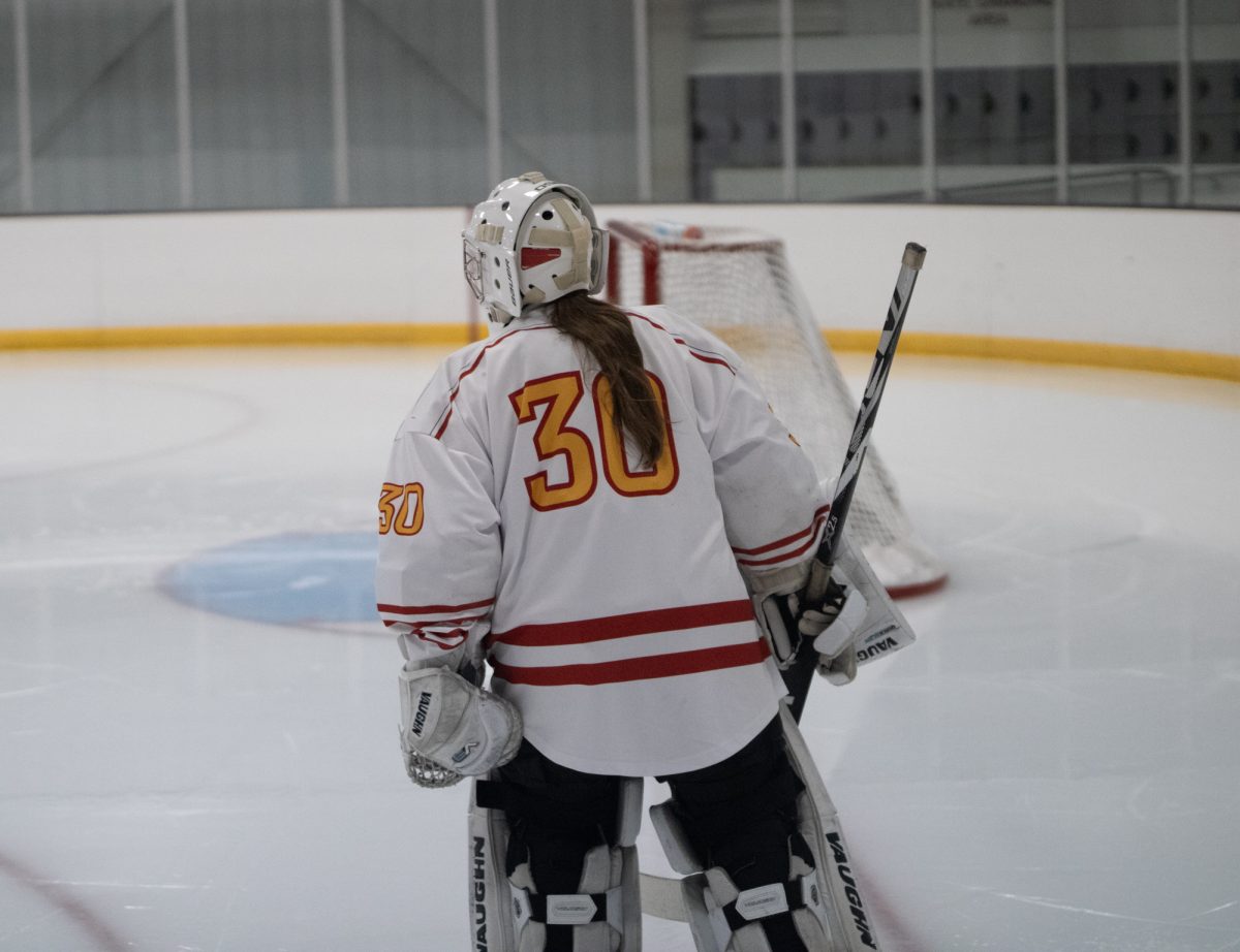 Iowa State's women's hockey club player number 30 warming up to start period 2 versus the University of Iowa women's hockey club at the ISU Ice Arena, Sept. 27, 2024.