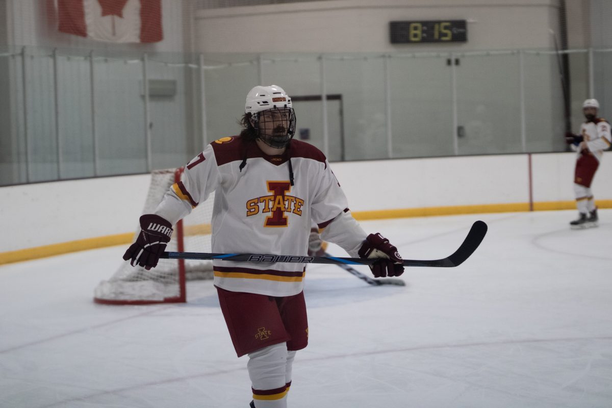 Iowa State's men's hockey club player Matthew Mahoney (17) warming up before season opener versus University of Jamestown men's hockey team at the ISU Ice Arena, Sept. 27, 2024. 