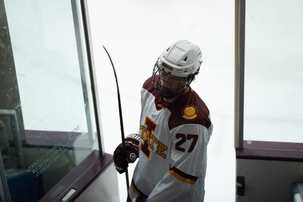 Iowa State's men's hockey club player Dylan Hender (27) heads to the locker room after warmups versus University of Jamestown men's hockey team at the ISU Ice Arena, Sept. 27, 2024. 