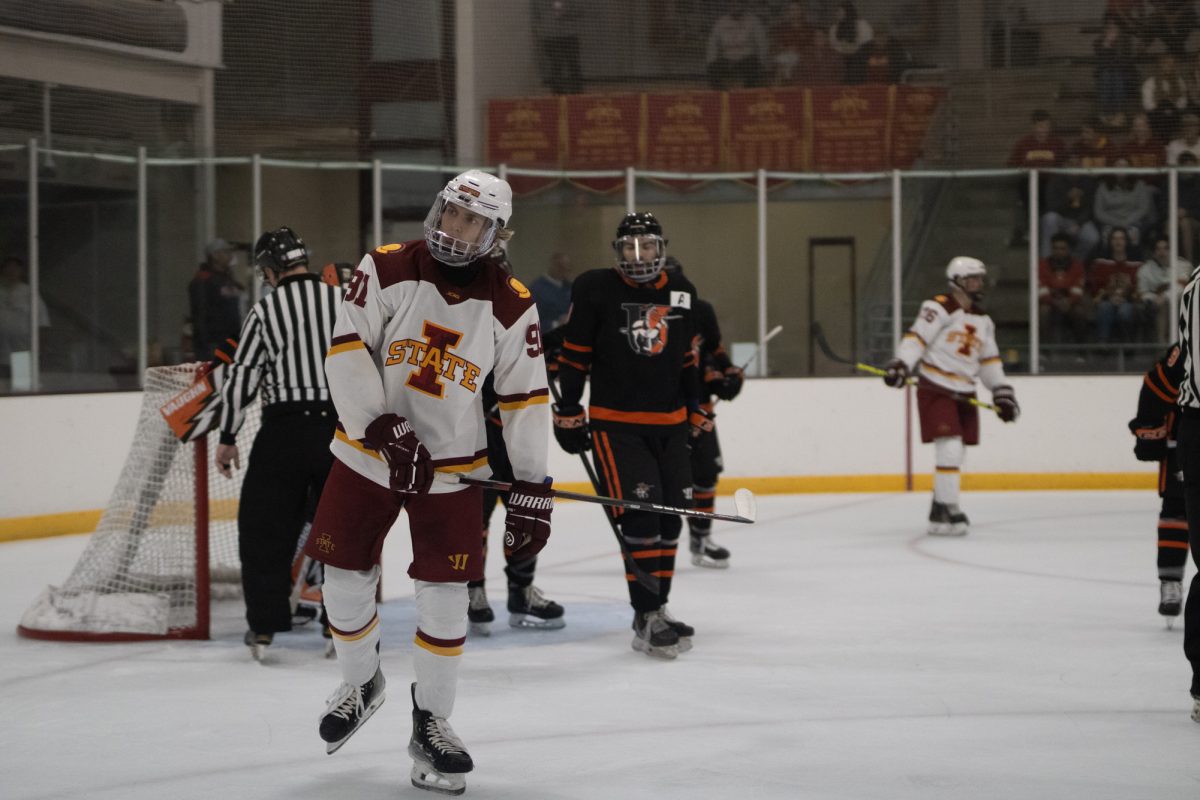 Iowa State's men's hockey club player John Kovarik (91) versus University of Jamestown men's hockey team at the ISU Ice Arena, Sept. 27, 2024. 