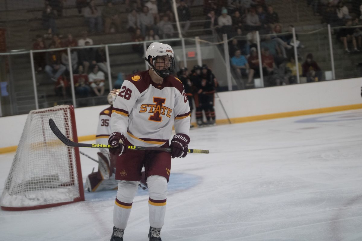 Iowa State's men's hockey club player Ethan Ranger (26) skating after a scored goal versus University of Jamestown men's hockey team at the ISU Ice Arena, Sept. 27, 2024. 