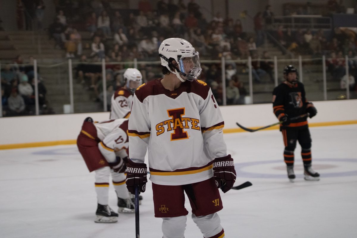 Iowa State's men's club hockey player Trevor Slaght (9) preparing for a face off versus University of Jamestown men's hockey team at the ISU Ice Arena, Sept. 27, 2024. 